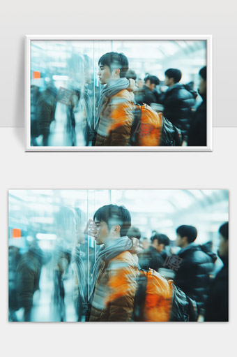 冬日地铁站内戴围巾青年沉思凝望车窗静谧时刻