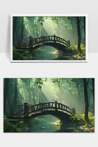 静谧森林中阳光洒落古朴木桥小溪风光