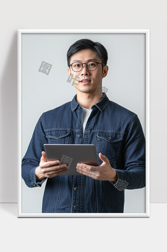 年轻男士手持平板电脑微笑自信正面照