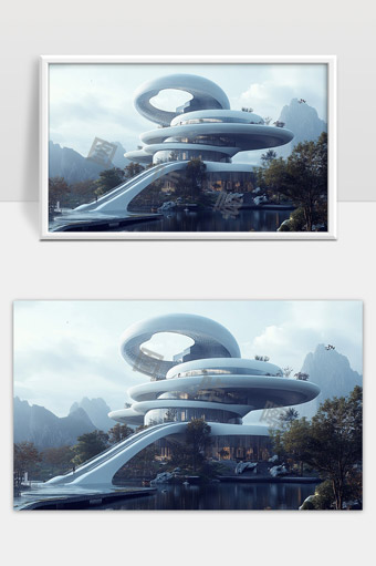 未来感悬浮环形建筑融合自然山水景观