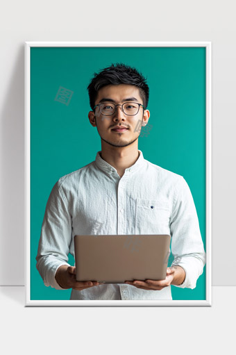 穿白衬衫戴眼镜的年轻男士手持笔记本电脑自信微笑