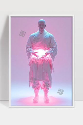 禅修僧人手持光球静心冥想场景