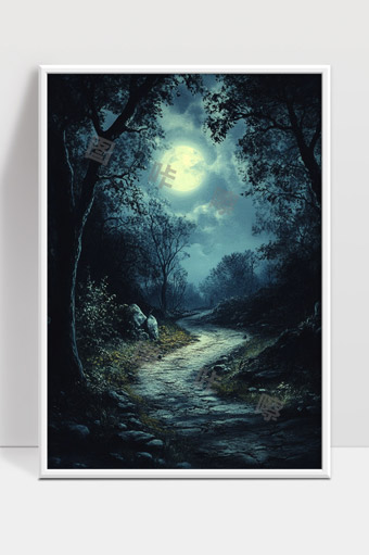 月光洒落幽静森林小径夜色迷人神秘