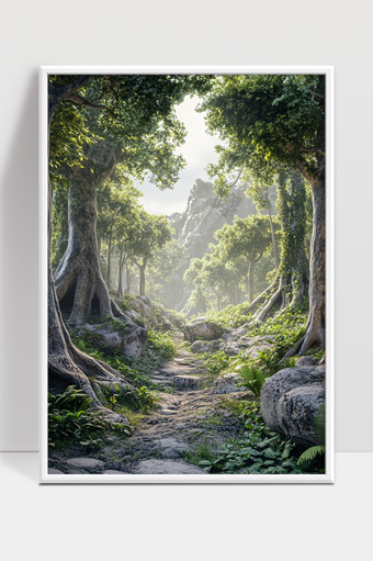 静谧森林小径通向远山阳光穿透树冠洒满大地