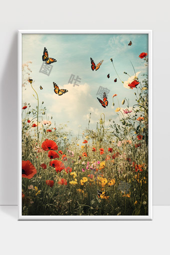 春日花海中飞舞的彩色蝴蝶与自然美景