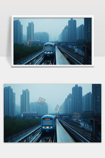 现代城市轨道交通高楼林立下的快速列车奔跑