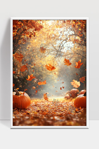 金色秋天落叶飘舞南瓜点缀林间小径
