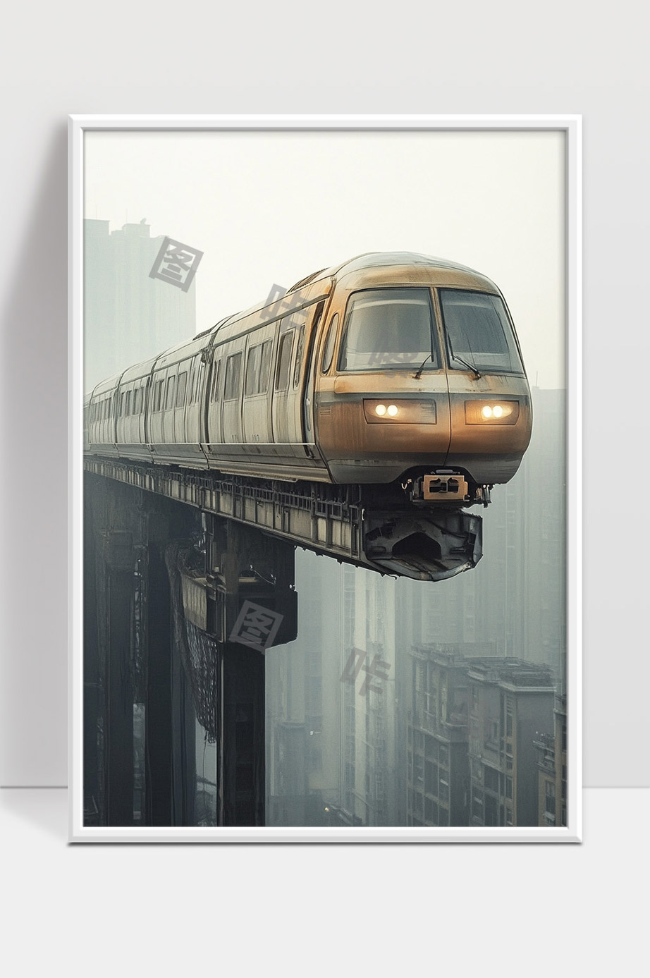 现代城市高架轨道上疾驰的高铁列车晨雾中穿行