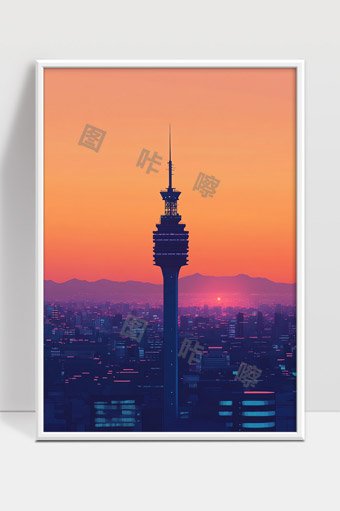 夕阳映照下的城市高塔与远山剪影景观