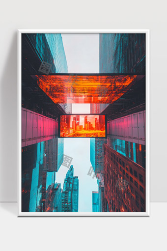 现代城市高楼间独特橙色玻璃桥建筑景观