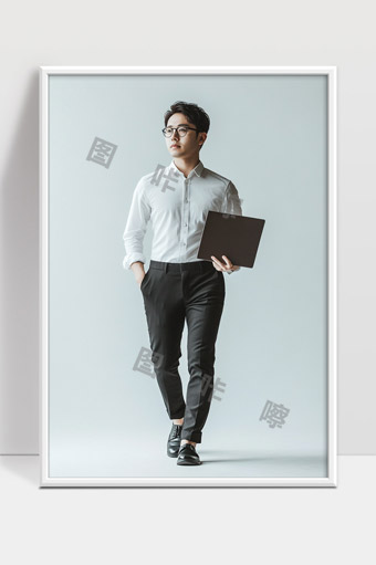 商务男士白衬衫黑裤子手持笔记本电脑行走照