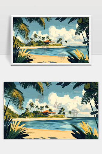 热带海岛风景海边椰林蓝天白云度假胜地