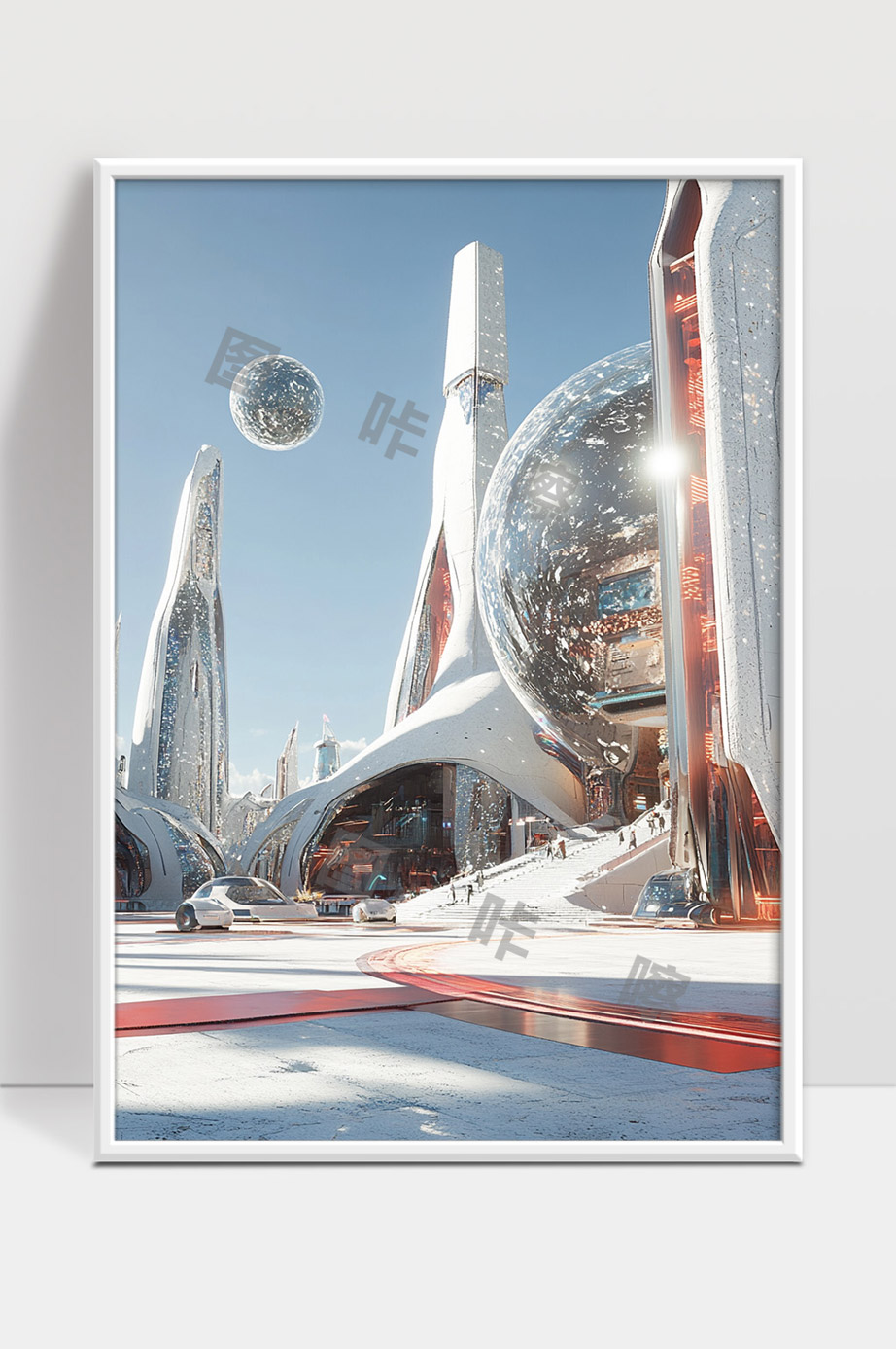 未来城市科幻建筑与悬浮球体的光影交错场景