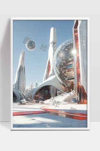 未来城市科幻建筑与悬浮球体的光影交错场景