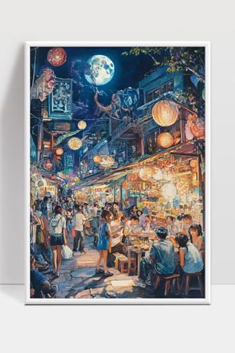 繁华夜市人潮涌动灯火辉煌的城市街景