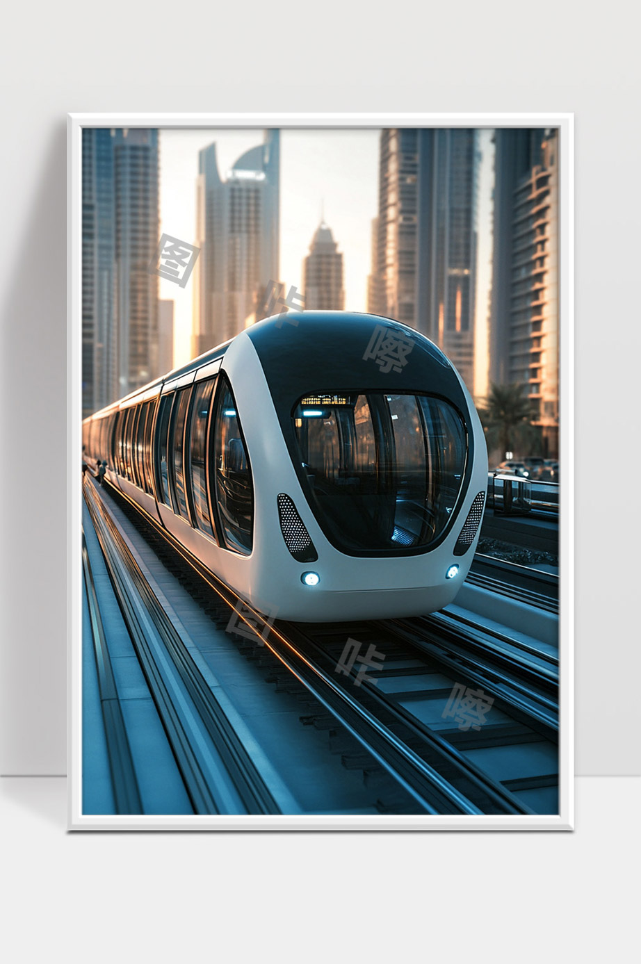 现代城市轨道交通无人驾驶地铁列车穿行高楼林立
