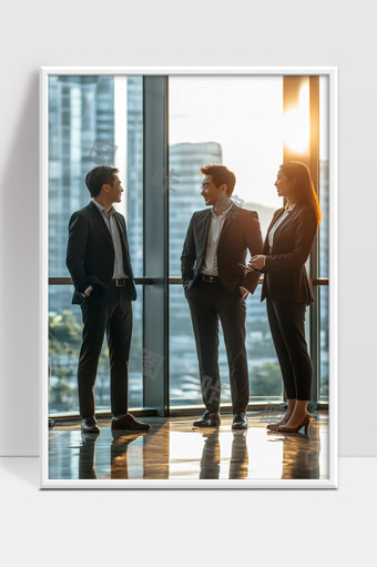 商务人士在现代办公大楼中交流洽谈的场景