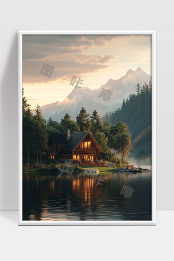 宁静湖畔木屋山林美景夕阳余晖自然风光