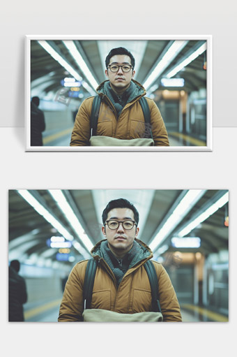 地铁站内戴眼镜穿棉服的青年站姿特写