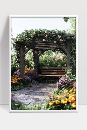 静谧花园木制凉亭藤蔓花卉铺石小径休闲长椅