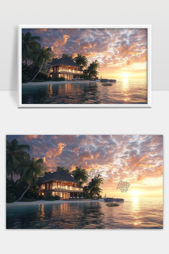 海边夕阳下的热带风情度假别墅美景