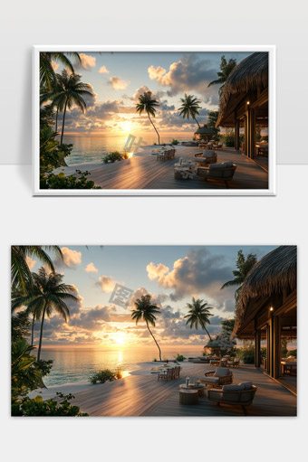 热带海边度假别墅夕阳美景舒适休闲环境