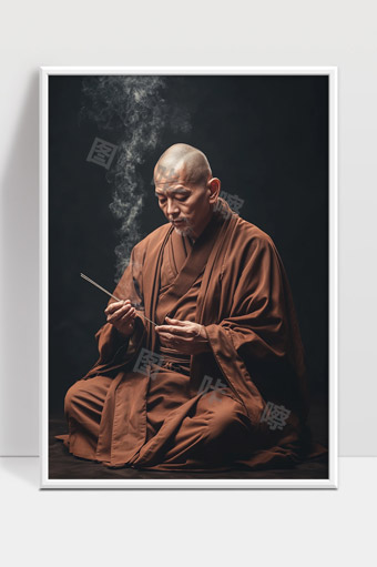 虔诚和尚手持香烟静心禅修沉思禅意深远