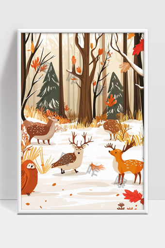 秋日森林中的小鹿与猫头鹰共舞静谧自然风光