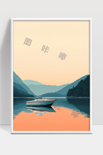 宁静湖面上的快艇与远山日落景色