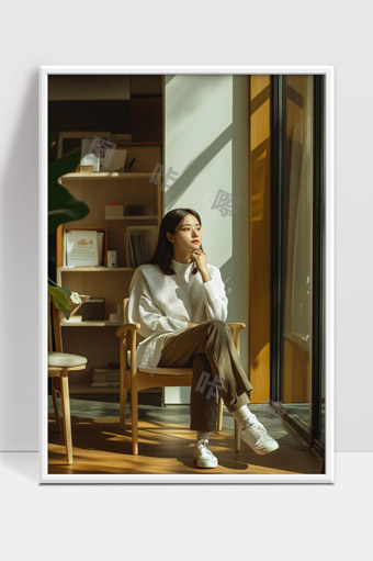 阳光洒进温馨室内年轻女子静坐思考时光静好