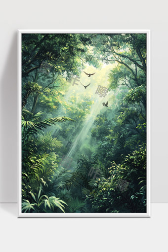 阳光穿透森林浓密树叶中的神秘自然风光