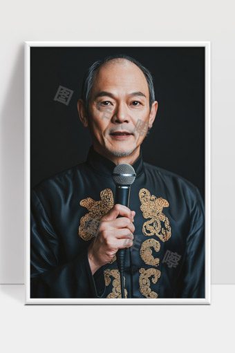 中年男士传统服饰手持麦克风沉稳自信肖像照