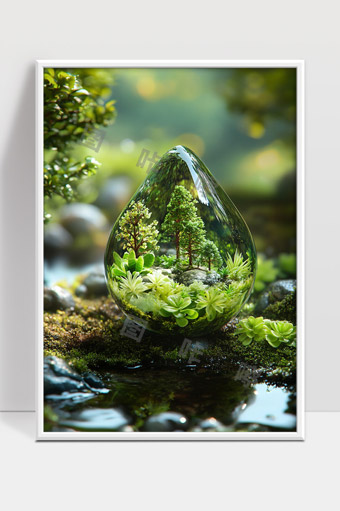 水滴中的微型森林生态系统自然绿色生命之美