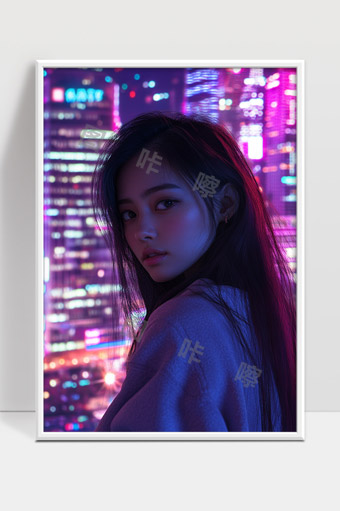 霓虹灯夜景下年轻女性的都市魅力写真