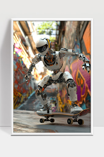 未来科技城市街头机器人滑板运动场景