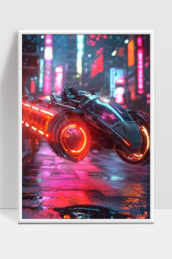 未来都市夜景中高速飞行的赛博朋克飞车