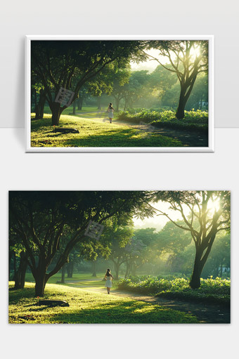 清晨阳光洒满林间小径静谧悠然的公园景色