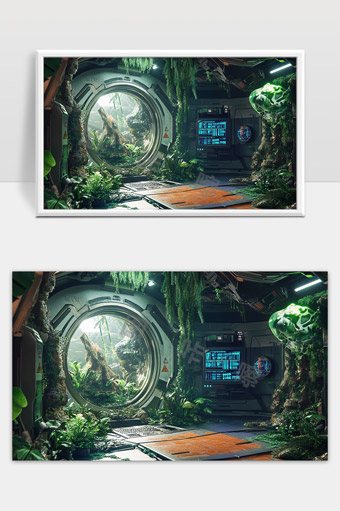 未来太空舱中的绿色生态植物空间景观