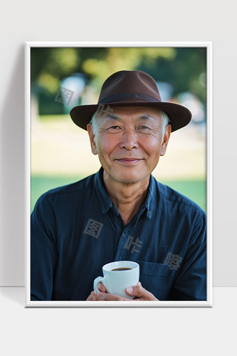 笑容温暖的戴帽子老年男子手持咖啡杯户外肖像
