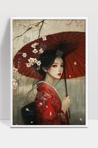 古风美人手持红伞桃花纷飞唯美画面