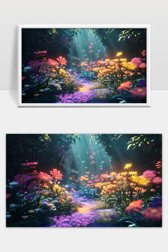 梦幻森林中绽放的五彩斑斓花海光影交织