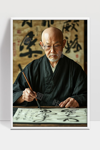 专注书法艺术的老人认真挥毫传承中华文化精神