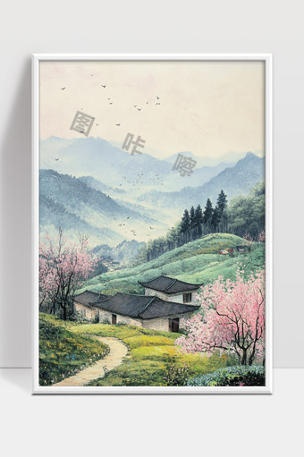 春日山间古村落桃花盛开山水如画