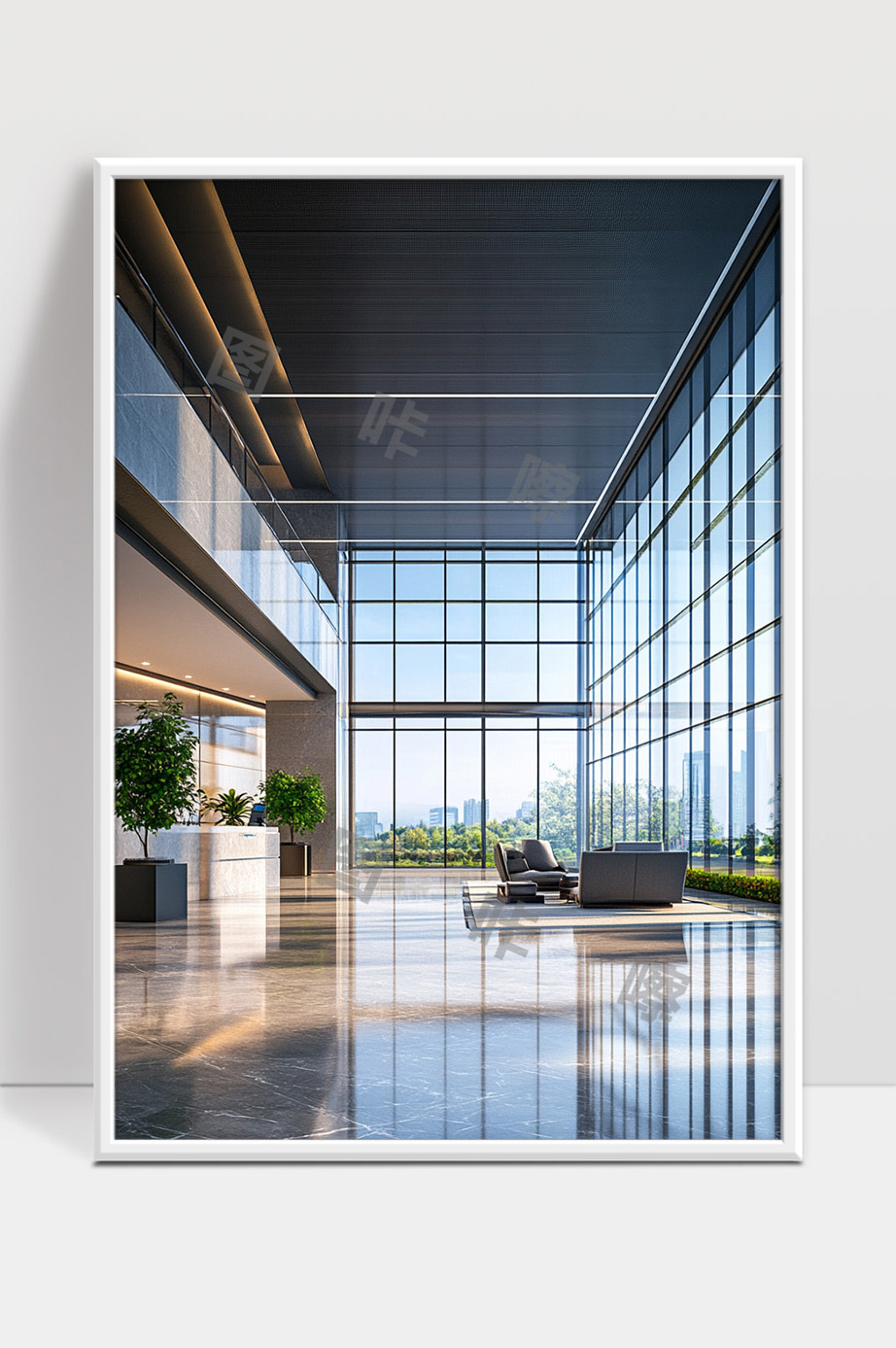 现代办公大楼宽敞明亮玻璃幕墙室内设计效果图