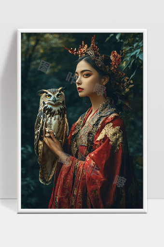古风佳人手持猫头鹰翩然于幽林之间