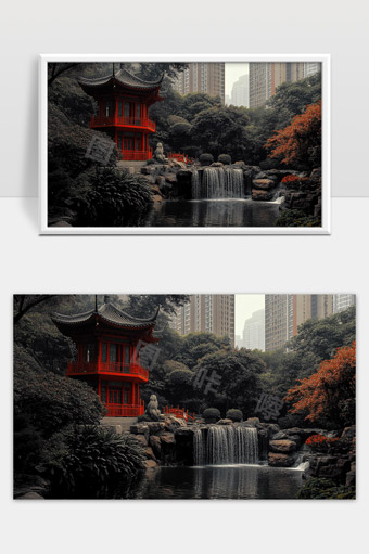 城市公园中的古典红色中式凉亭与瀑布景观