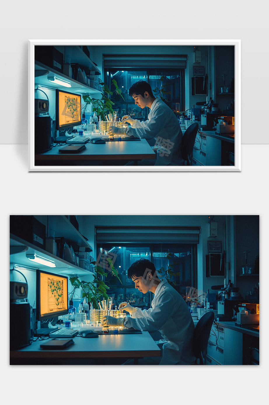 深夜实验室中青年科研人员专注进行科学研究