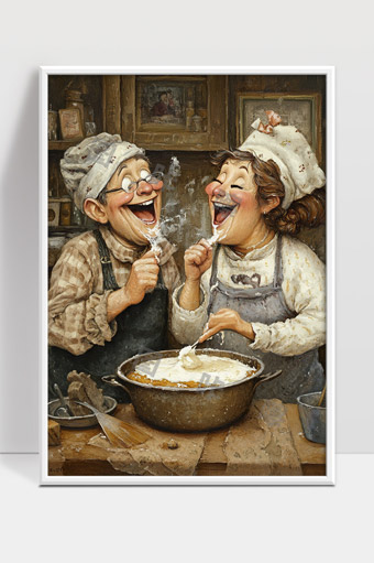 快乐烘焙时光欢笑中的厨师夫妇温馨厨房场景