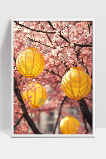 春日樱花绽放黄灯笼点缀景色迷人