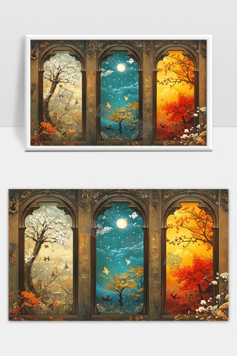 四季更替梦幻景色古典窗框艺术图